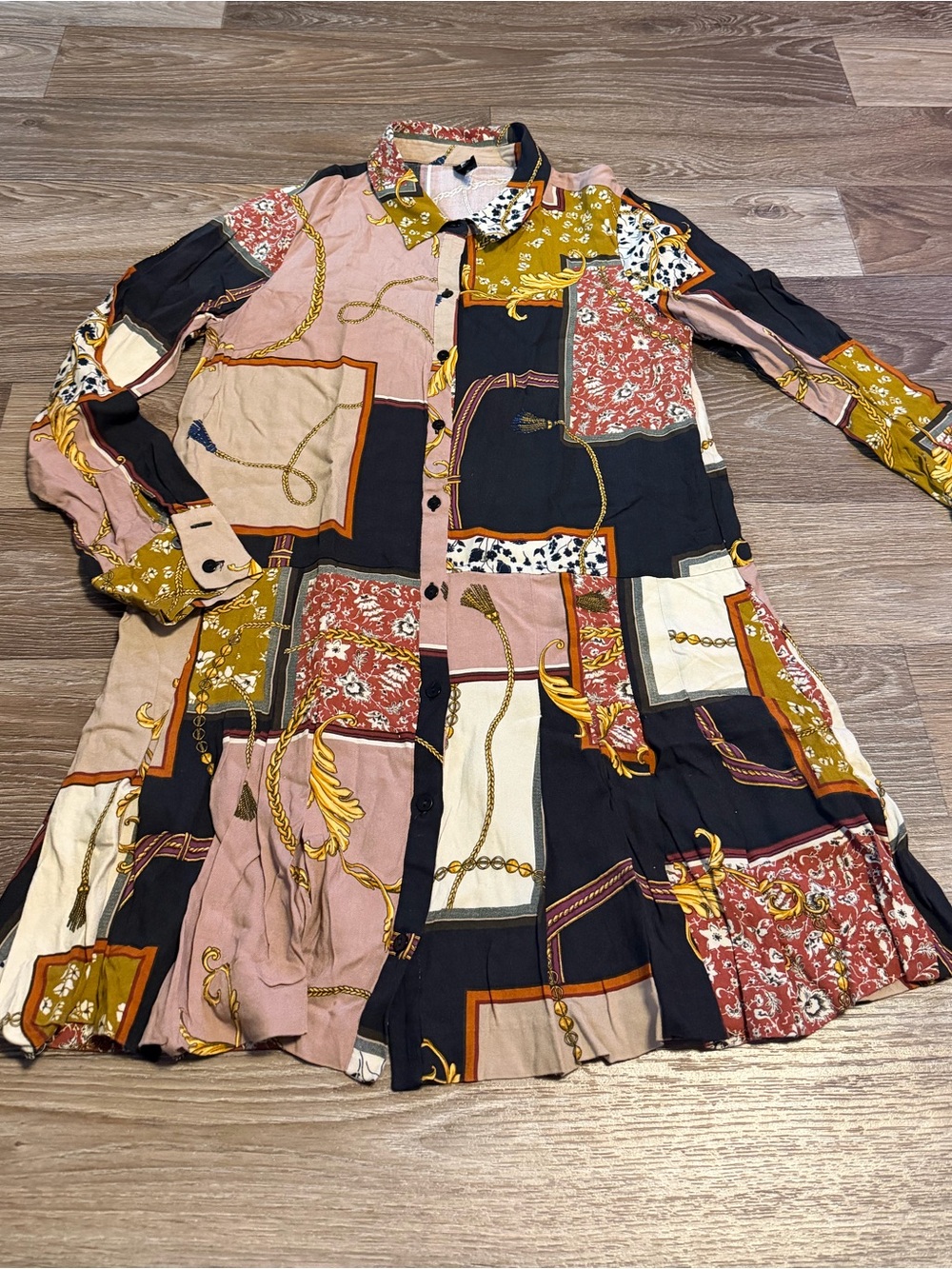 Zara Patchwork Long-Sleeve Shirt Dress Size L